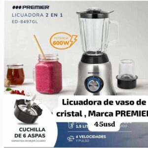 Licuadora Premier con vaso de cristal de 1.5 Litros
