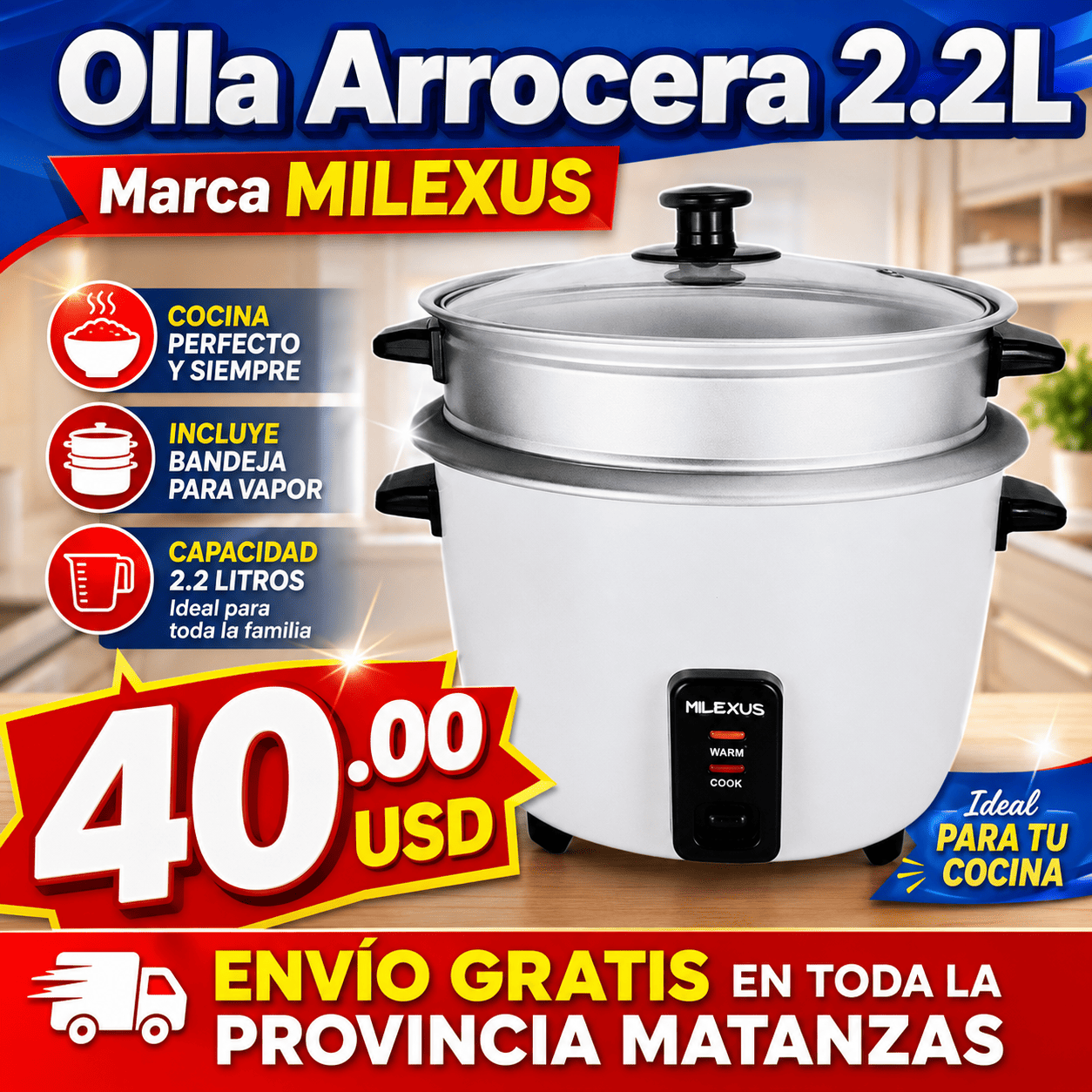 Olla Arrocera con Vaporera 2.2L