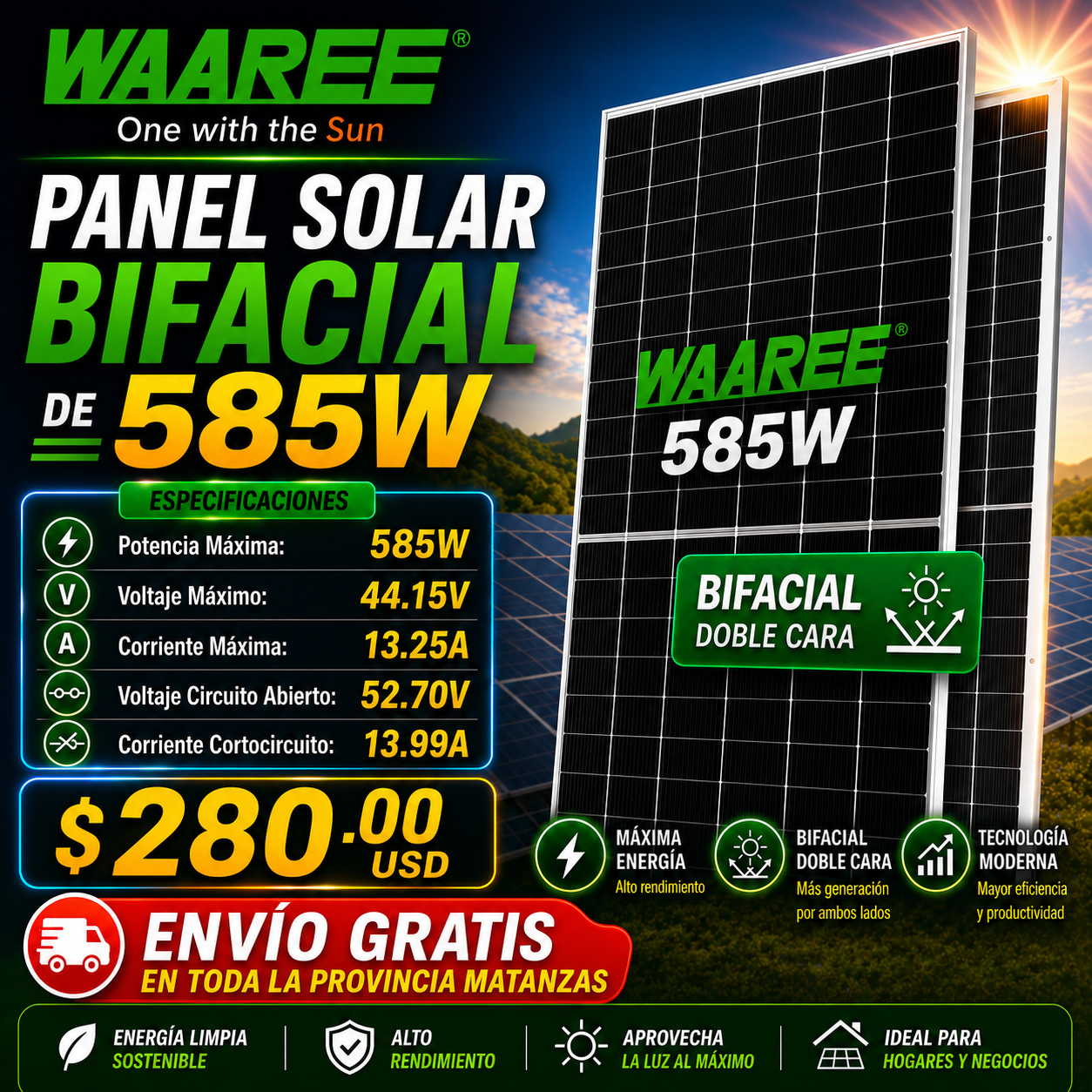 Panel Solar Bifacial Waaree de 585W